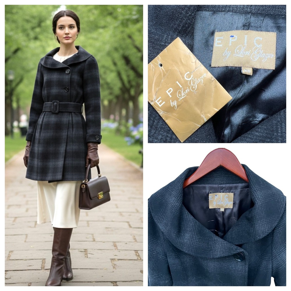 EPIC Lori Glazer Wool Plaid Belted Coat XS Gray Vtg 90s Quiet Luxury‎ Old Money
